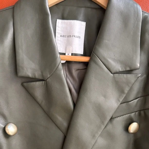 Avec Les Filles  Olive  faux Leather Jacket with Gold Buttons - Picture 9 of 11